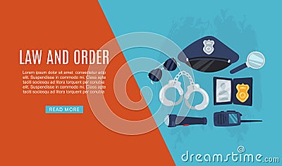 Police items law and order web banner vector illustration with policeman cap, handcuffs, glasses and walkie talkie. Vector Illustration