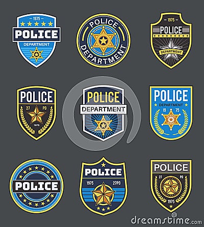 Police labels. Policeman law enforcement badges. Sheriff, marshal and ranger logo, police star medallions, security Vector Illustration