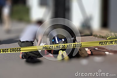 Police line with blurred medic law enforcement background Stock Photo