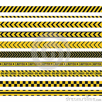 Police line, crime scene, do not cross vector seamless stripes. Set of yellow and black inhibition lines Vector Illustration