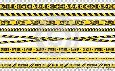 Police line do not cross isolated on transparent backdrop. Police tape set. Restriction zone or crime place. Black and Vector Illustration