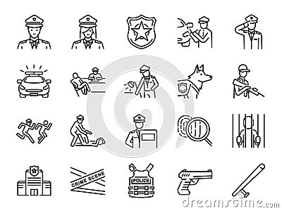 Police line icon set. Included the icons as cop, weapon, suspects, arrest, justice and more. Vector Illustration