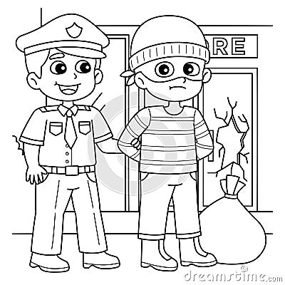 Police Man Arresting a Thief Coloring Page Vector Illustration