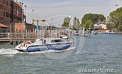 Police motor boat in Venice lagoon, Italy. Editorial Stock Photo