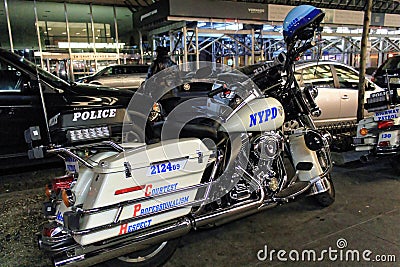 Police motorcycles of the New York Police Department at night. NYPD is the largest municipal police force in the United States Editorial Stock Photo