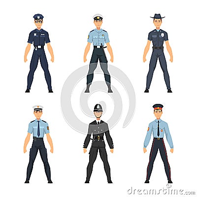 Police Officer from Around the World Wearing Uniform Vector Set Vector Illustration