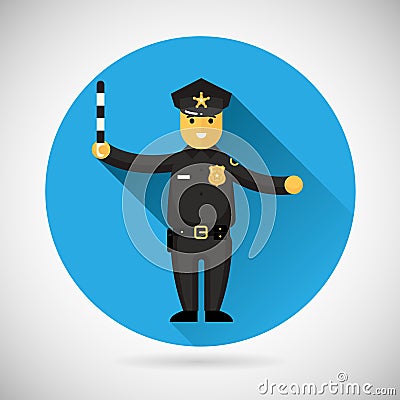 Police officer character with adjusting rod icon Vector Illustration