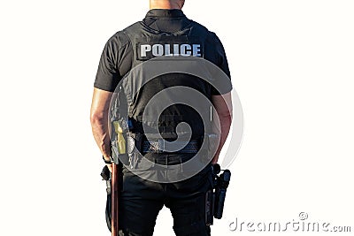 Police officer on duty in uniform with gun and taser - back of officer on white background Stock Photo