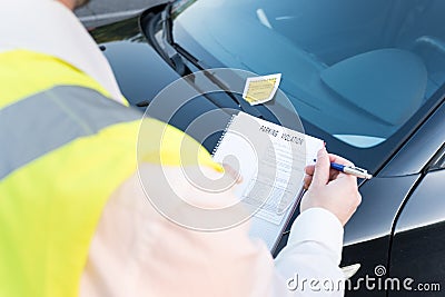 Police officer giving a fine for parking violation Stock Photo