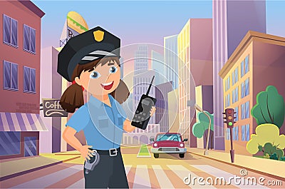Police officer happy girl working on city street, kid policeman managing road car traffic Vector Illustration