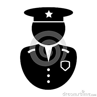 Police Officer Icon. Black and white illustration pictogram icon depicting uniformed law enforcement officer with hat and badge. Vector Illustration