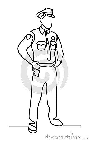 Police officer isolated on a white background. Continuous line drawing. Vector monochrome, drawing by lines Vector Illustration