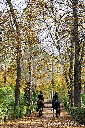 Police officer mounted on a horse passing through a road full of dry leaves due to autumn in the Retiro Park in Madrid, Spain. Editorial Stock Photo