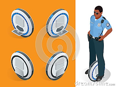 Police officer on One-wheeled Self-balancing electric scooter vector isometric illustrations. Intelligent and Vector Illustration