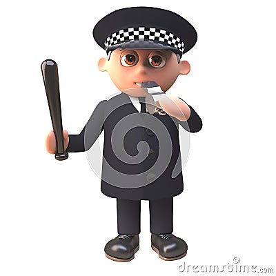 Police officer policeman 3d character blows his whistle and wields a truncheon, 3d illustration Cartoon Illustration