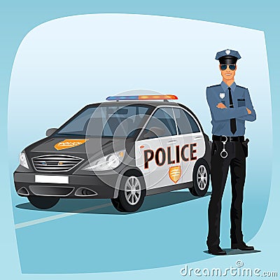 Police officer or policeman with patrol car Vector Illustration