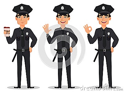 Police officer, policeman. Set of cartoon character cop with a cup of coffee, waving hand and showing ok sign. Vector Illustration