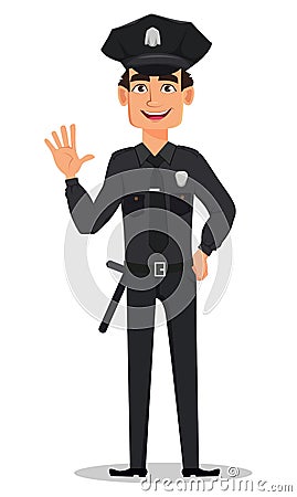 Police officer, policeman waving hand. Smiling cartoon character cop Vector Illustration