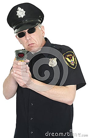 Police Officer, Radar Gun, Speed Trap, Isolated Stock Photo
