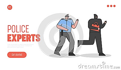 Police officer running after burglar thief with stolen handbag. Website landing page template Vector Illustration