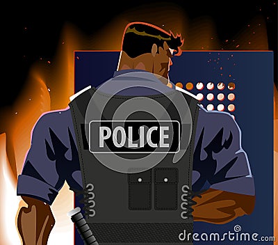The police officer with a shield. Riot, fire, terrorism Vector Illustration