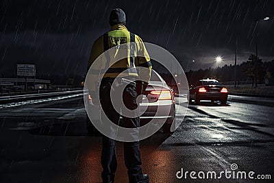 Police officer standing in front of car on highway at night with rain, rear view Highway patrol worker checking the car in an Stock Photo