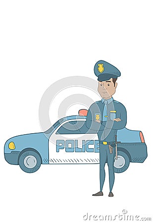 Police officer standing in front of police car. Vector Illustration