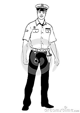 Police officer standing front side, vector outline cartoon portrait male cop full-length, black and white painted human in a polic Vector Illustration