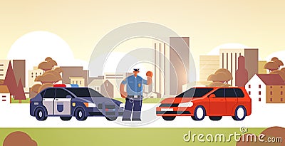 Police officer stopping the car checking vehicle on road traffic safety regulations concept flat full length cityscape Vector Illustration