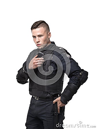 Police officer in uniform on white background Stock Photo