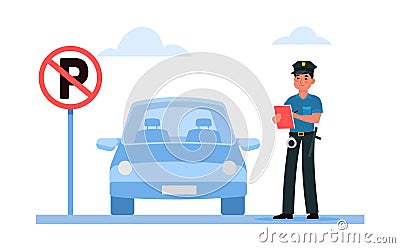 Police officer writes ticket for parking car in area where parking is prohibited. City transport traffic rules Vector Illustration