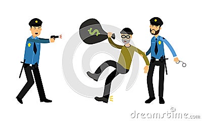 Police officers arresting criminal. Policeman catching thief cartoon vector illustration Vector Illustration