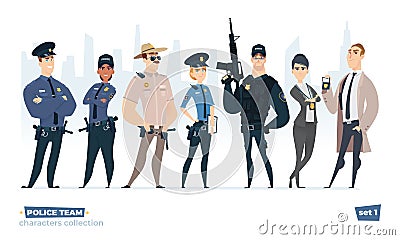 Police officers collection, police man and police woman team. Cops and officers security in uniform standing together Vector Illustration