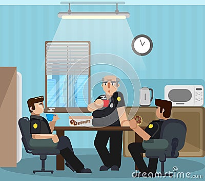 Police officers have a rest, drink coffee and donuts in a specially designated room. Vector Illustration