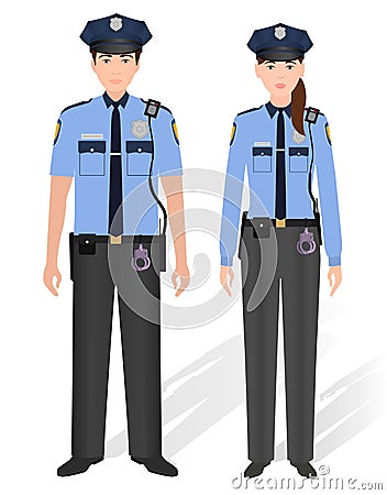 Police officers male and female isolated on white background. Man and woman constable. Vector Illustration