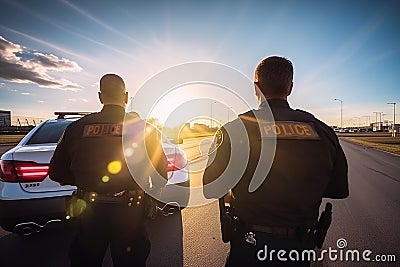 Police officers shot from behind in the setting light. Stock Photo