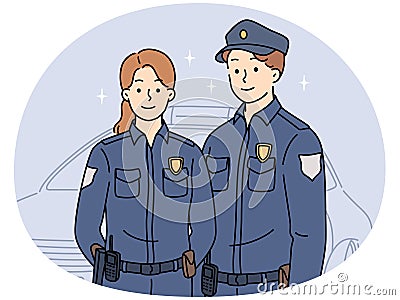 Police officers in uniform near car Vector Illustration