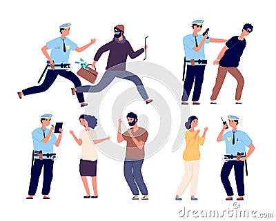 Police officers at work. Cop patrol catching up thief, policeman arrest criminal character, law job, help to victim Vector Illustration