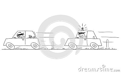 Police Patrol Car with Flashing Light Chasing Criminal, Vector Cartoon Stick Figure Illustration Vector Illustration