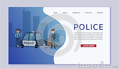 Police patrol concept with cops and guard dog near police car in city vector web template. Caucasian policeman and Vector Illustration