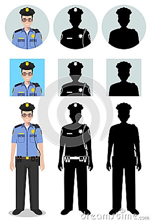 Police people concept. Detailed illustration and silhouettes and silhouettes of officer, policeman and sheriff in flat Vector Illustration