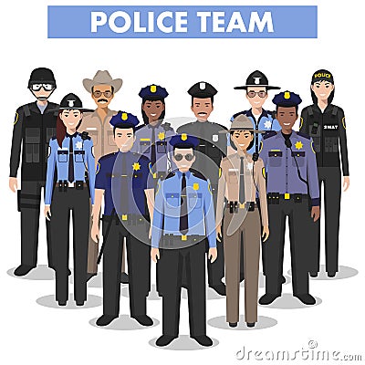 Police people concept. Detailed illustration of SWAT officer, policeman, policewoman and sheriff in flat style on white Vector Illustration