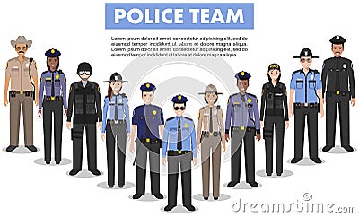 Police people concept. Detailed illustration of SWAT officer, policeman, policewoman and sheriff in flat style on white Vector Illustration