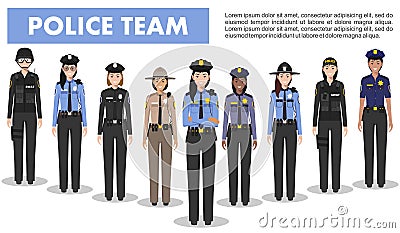 Police people concept. Detailed illustration of SWAT officer, policewoman and sheriff in flat style on white background. Vector il Cartoon Illustration