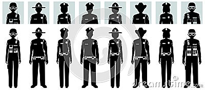 Police people concept. Set of different black silhouettes and avatars icons of SWAT officer, policeman, policewoman and sheriff in Cartoon Illustration