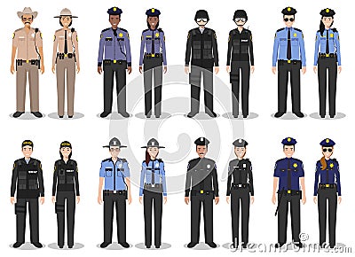 Police people concept. Set of different detailed illustration of SWAT officer, policeman, policewoman and sheriff in Vector Illustration