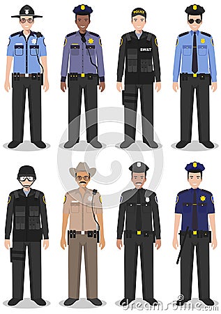 Police people concept. Set of different detailed illustration of SWAT officer, policeman and sheriff in flat style on Vector Illustration