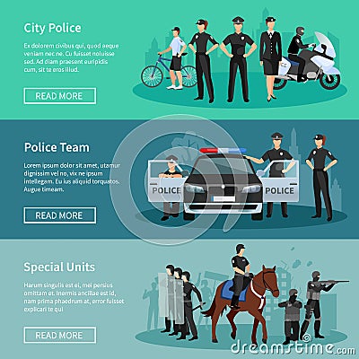 Police People Flat Banners Vector Illustration