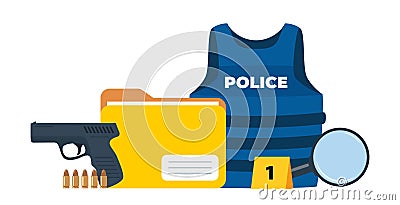 Police professional equipment for pursue and capture a criminal. Police icons composition. Vector illustration Vector Illustration