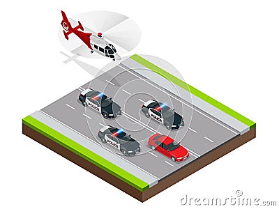 Police in pursuit of a criminal with a stolen car or drunk driving, speeding. Isometric Police Chase illustration Vector Illustration